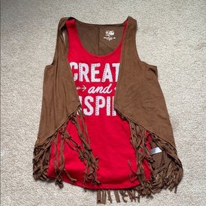 two piece red tank and brown cardigan